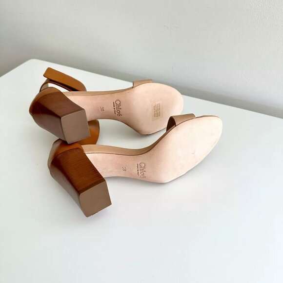 NEW CHLOE Tan Beige Two Tone Ankle Strap Block Heel Sandals Size 38 US(8) - Picture 6 of 9